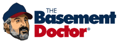 The Basement Doctor logo featuring a stylized rendering of Ron's face next to "THE Basement" in dark blue and "Doctor" in dark red.
